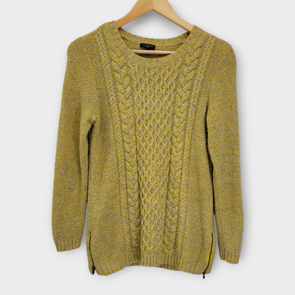 Talbots Sweaters - Talbots Cable Knit Sweater Small‎ Petite Yellow Gray Merino Wool Blend Zip Sides